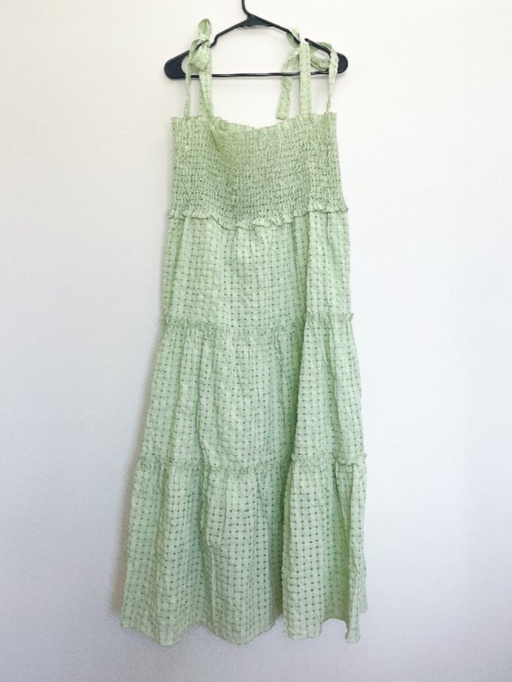 BOUTIQUE SWEET GENERIS Green Checkered Smocked Tie Strap Tiered Midi Dress Sz 3X